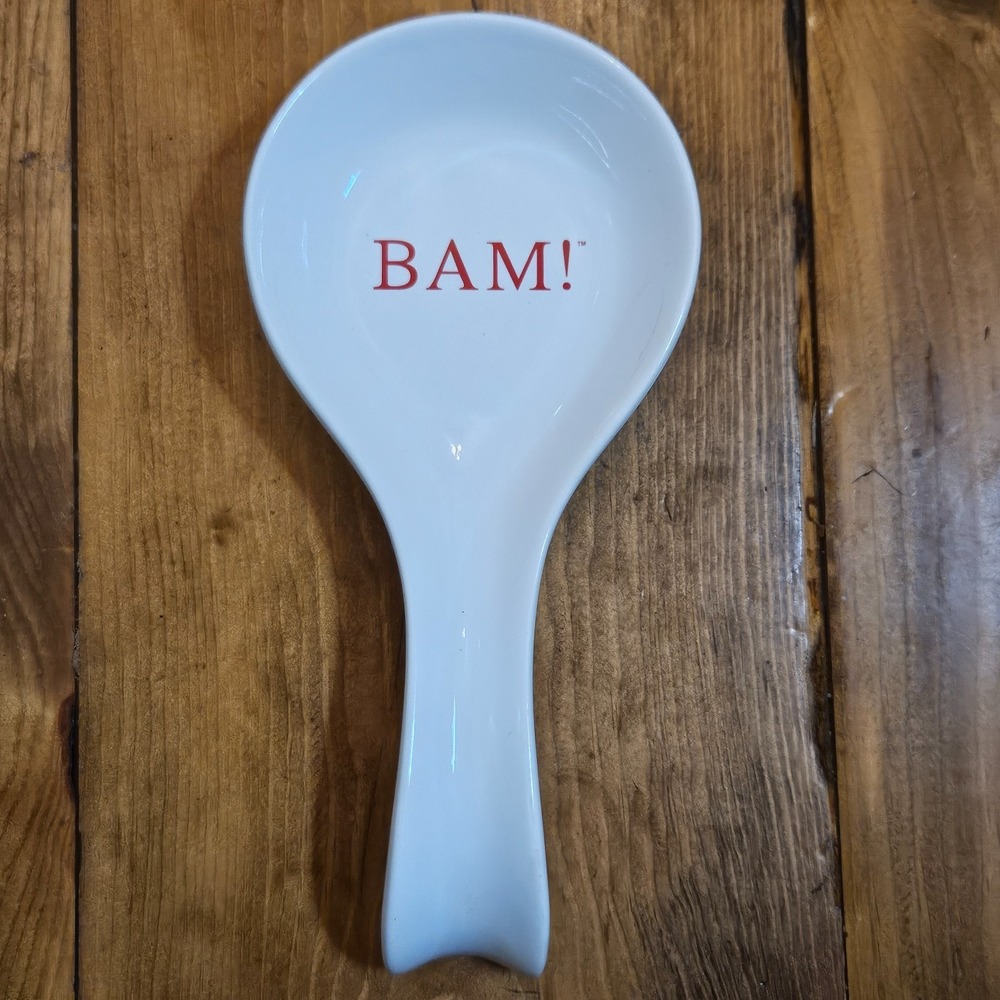 Emeril BAM! Ceramic Spoon Rest White Red Logo Dishwasher Microwave Safe